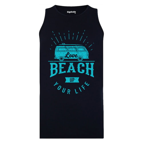 Navy sleeveless crewneck T-shirt with turquoise front graphic.